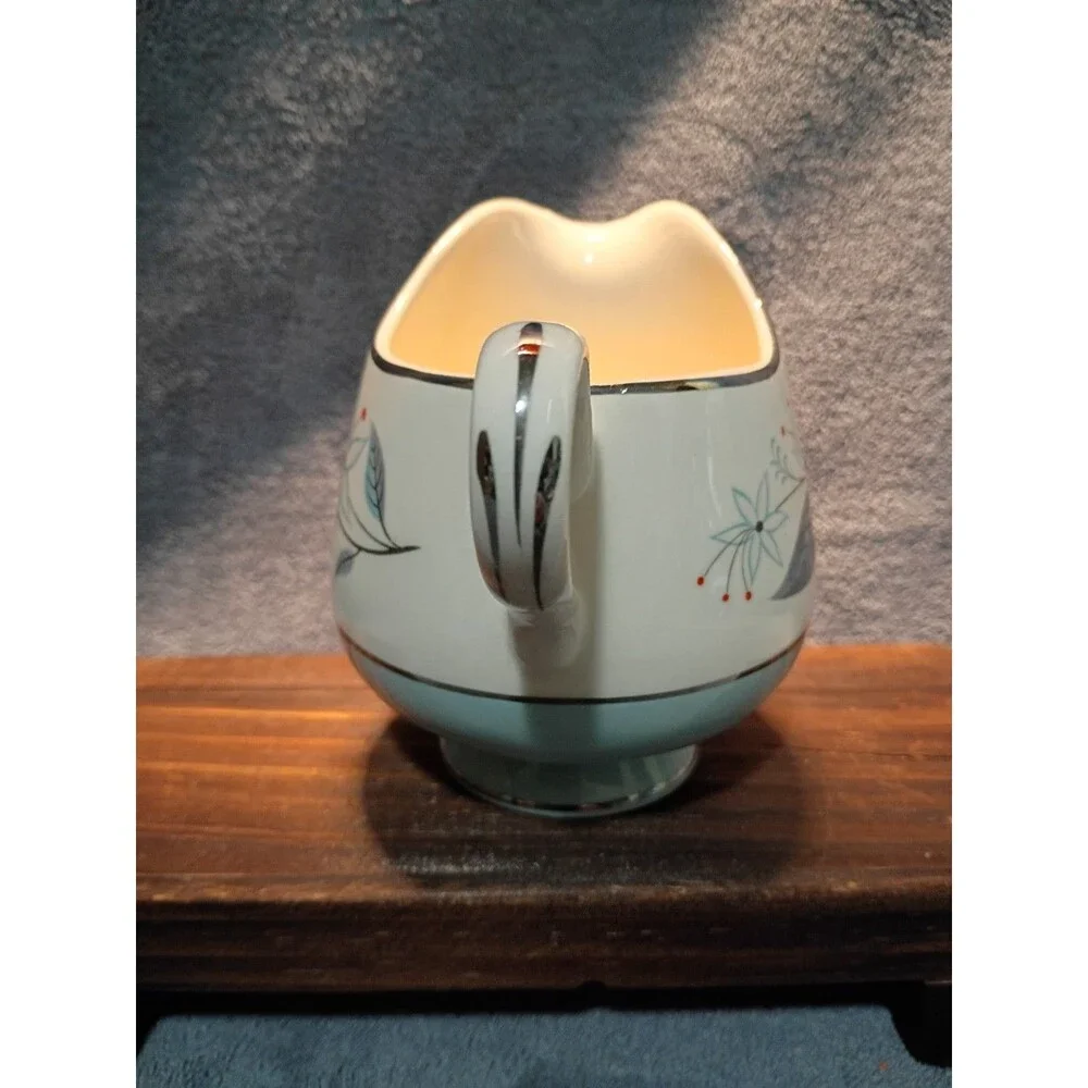 Vintage Homer Laughlin Eggshell Cavalier Dianne Creamer Aqua Gray Floral Silver